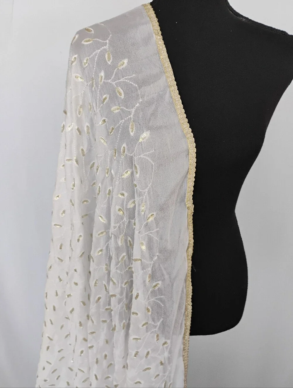 Women's White & Gold Embroidered Chiffon  Scarf / Dupatta